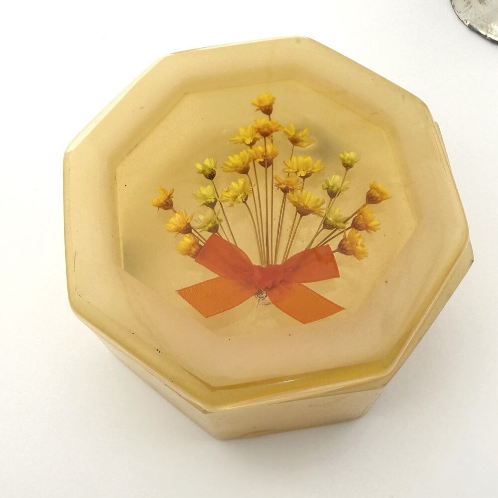 Vintage Lucite Vanity Trinket Box with Dried Yellow Flowers Embedded In The Lid